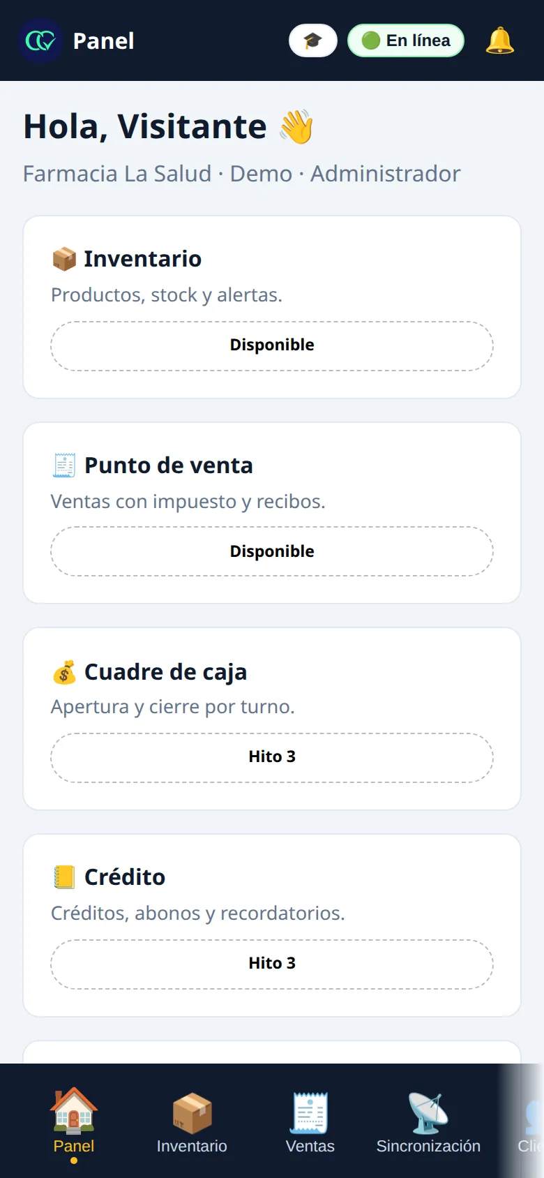 Captura real de Cuentas Claras en un celular: el panel de la farmacia de demostración con sus ventas, inventario y caja